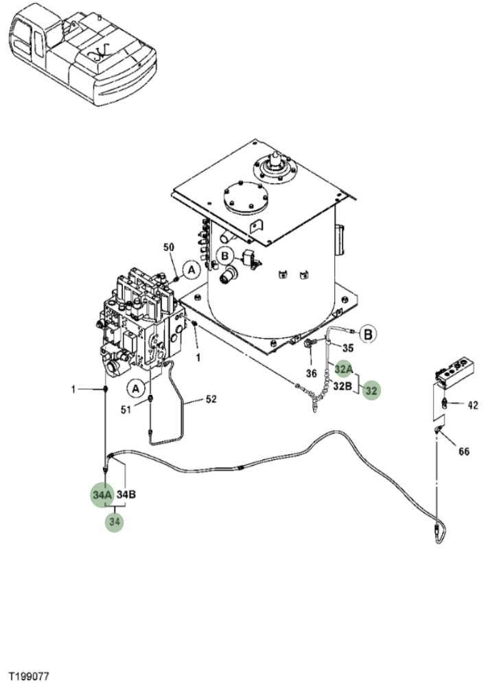 Hitachi ZX350F installation diagram showing hydraulic hose 9200078 at Pipe No. 34