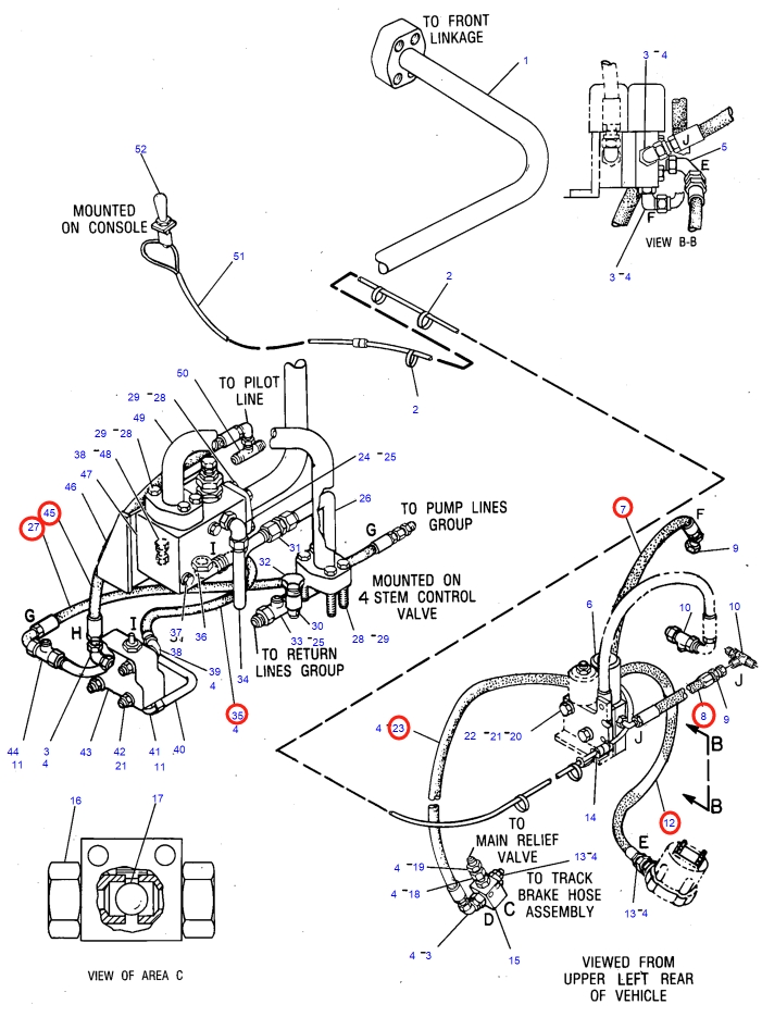 Caterpillar CAT®231D installation diagram showing hydraulic hose 6W-5415 at Pipe No. 35
