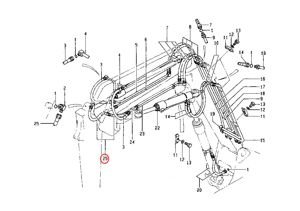 Caterpillar CAT®E70B installation diagram showing hydraulic hose 085-6358 at Pipe No. 25