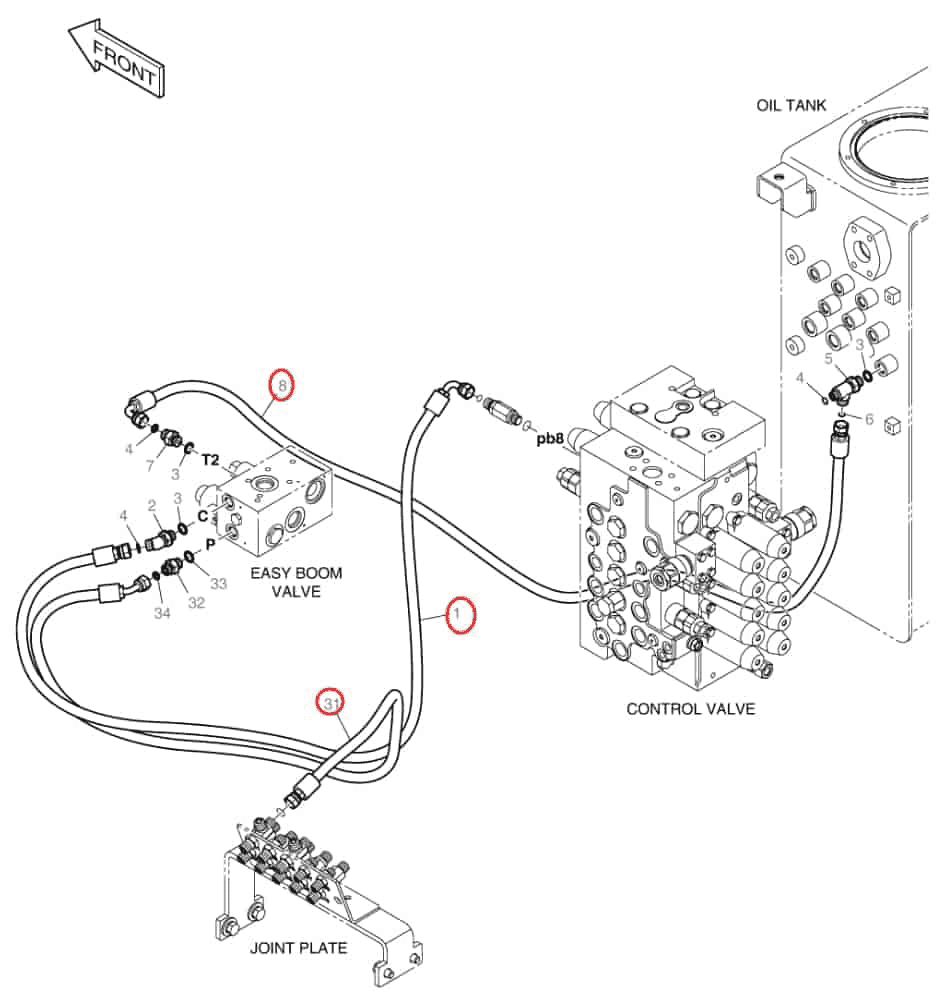 Doosan DX160W-3 installation diagram showing hydraulic hose DS2121051 at Pipe No. 8