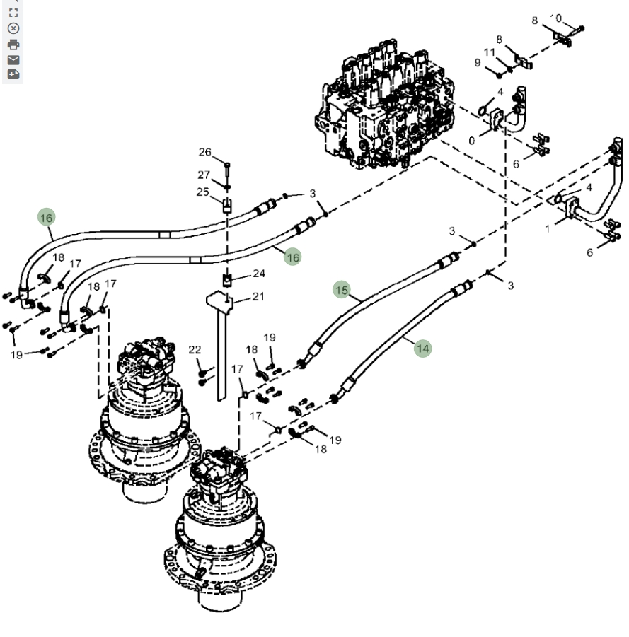 Hitachi ZX670LC-5A installation diagram showing hydraulic hose 4331603 at Pipe No. 16