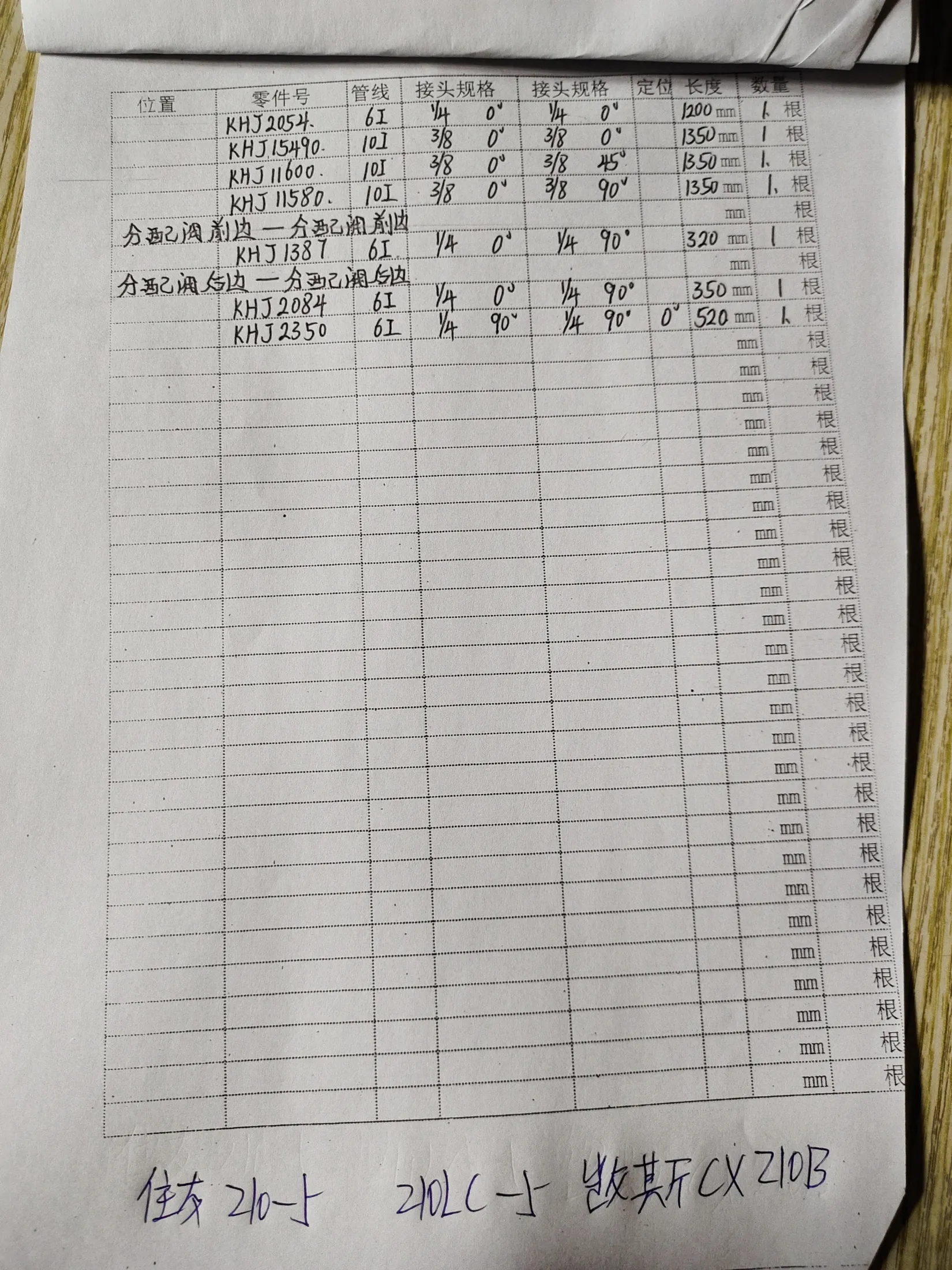 Sumitomo 210 LC-5 hydraulic hose part numbers and recorded lengths — technician notebook page 5 of 5 — recorded hose parts KHJ2054, KHJ2084
