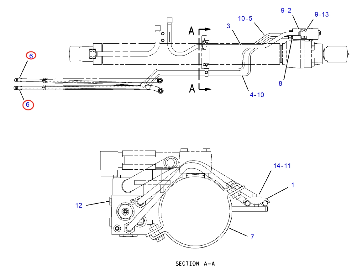 Caterpillar CAT®318C installation diagram showing hydraulic hose 137-6453 at Pipe No. 6