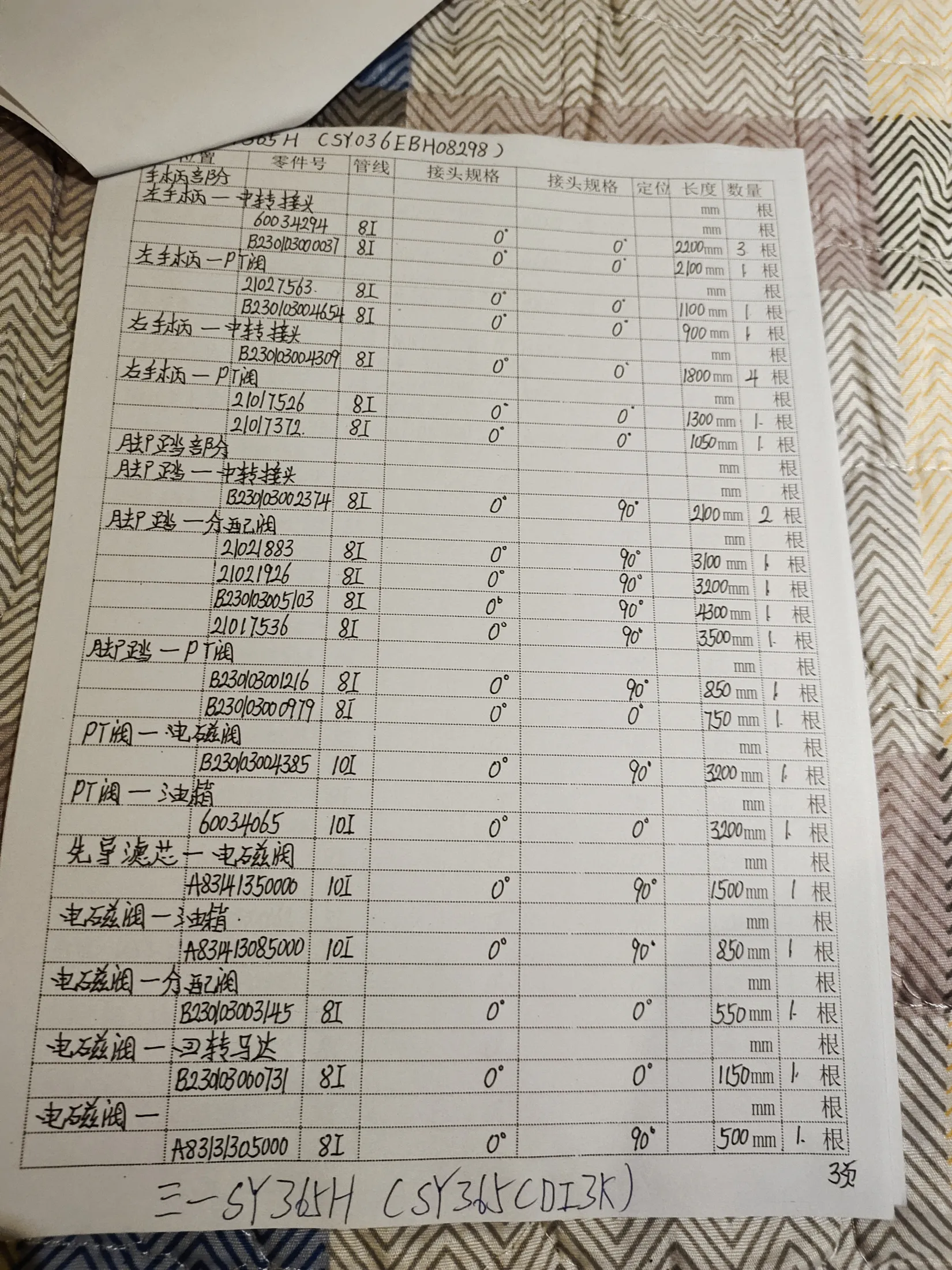 SANY SY365H hydraulic hose part numbers and recorded lengths — technician notebook page 8 of 10 — recorded hose parts A831413085000, A83141350006, A833305000