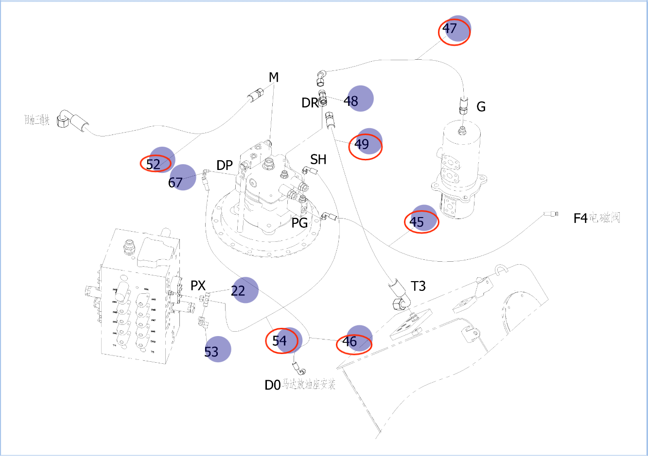 Sunward SWE135E-3H installation diagram showing hydraulic hose 73050200D736 at Pipe No. 47