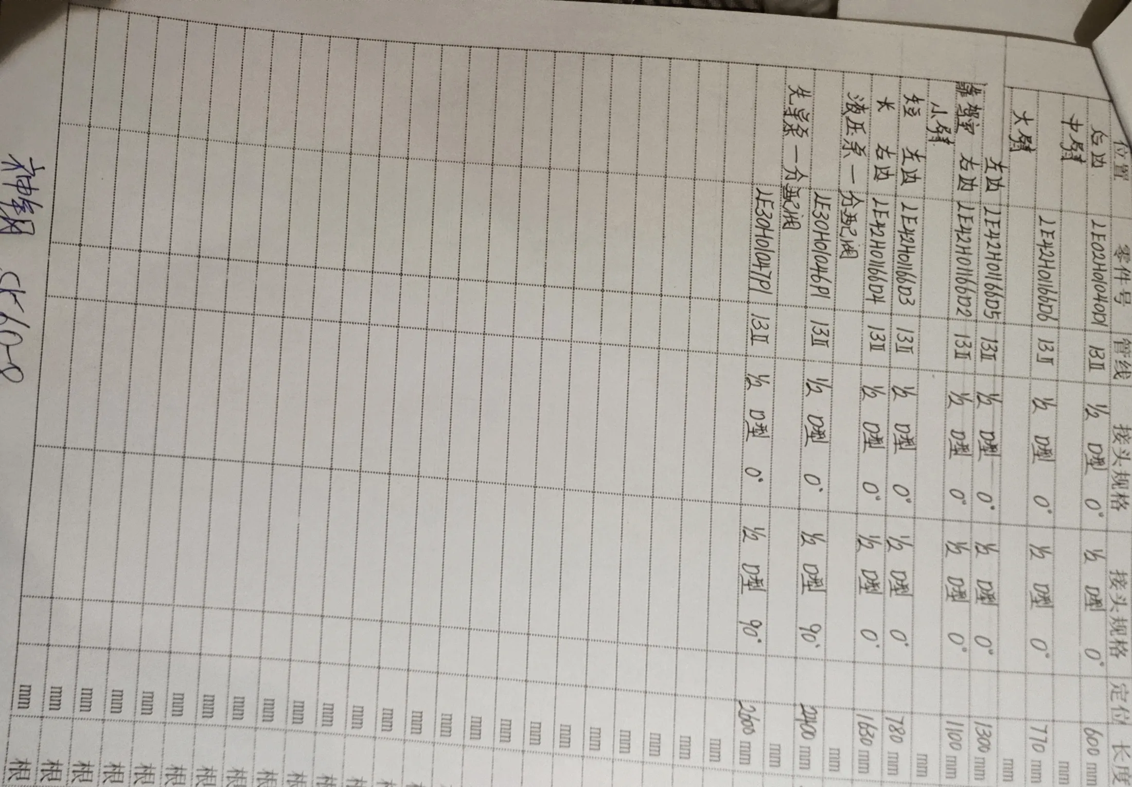 Kobelco SK60-8 hydraulic hose part numbers and recorded lengths — technician notebook page 4 of 4