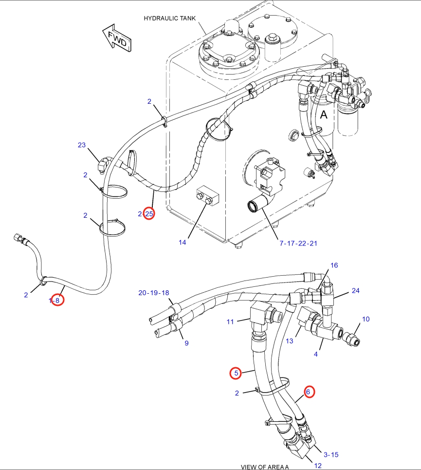 Caterpillar CAT®313D installation diagram showing hydraulic hose 269-9714 at Pipe No. 5