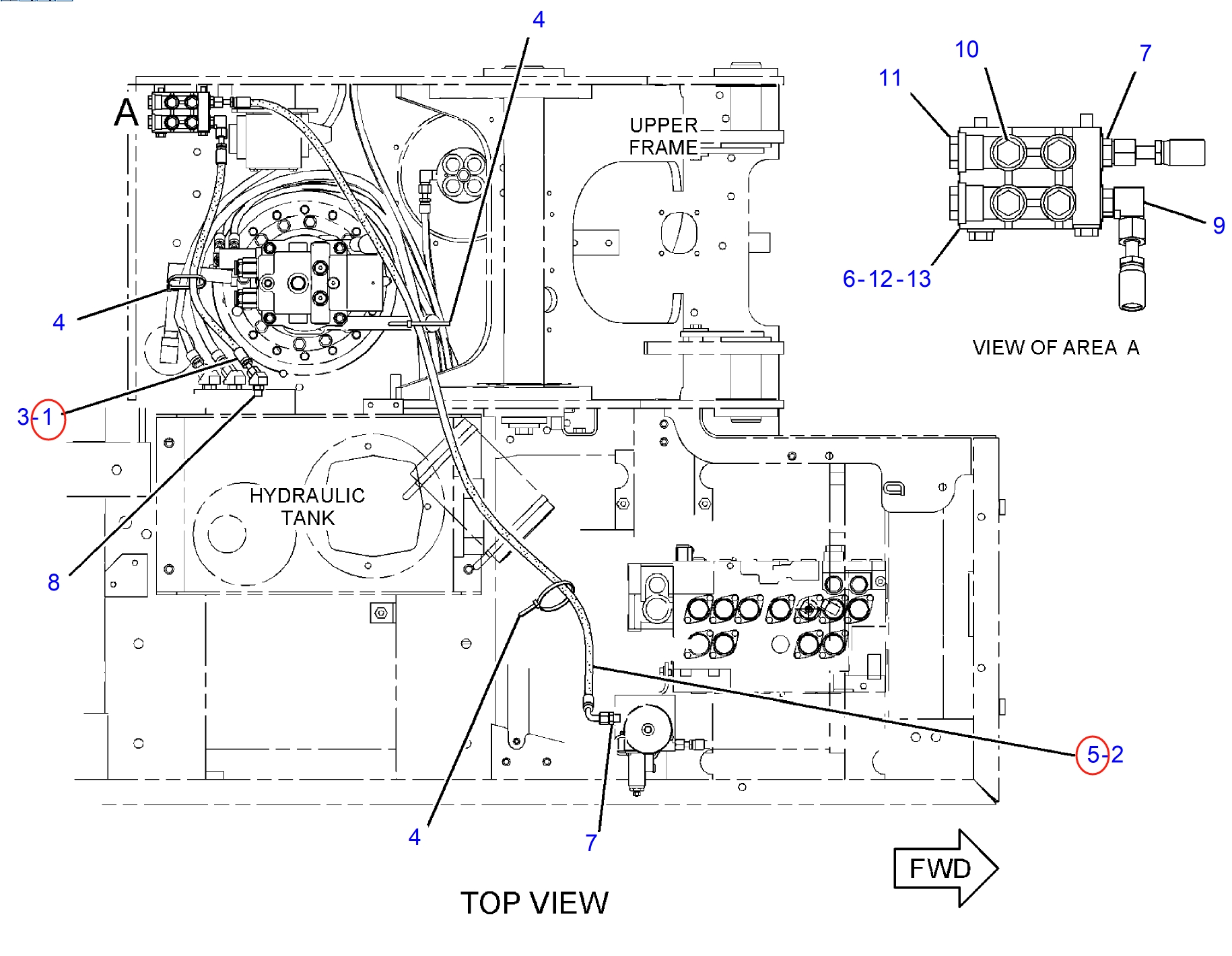 Caterpillar CAT®311F LRR installation diagram showing hydraulic hose 4I-5906 at Pipe No. 1