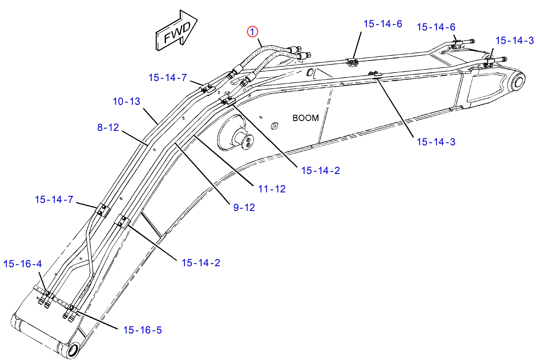 Caterpillar CAT®313F L installation diagram showing hydraulic hose 4I-1095 at Pipe No. 1