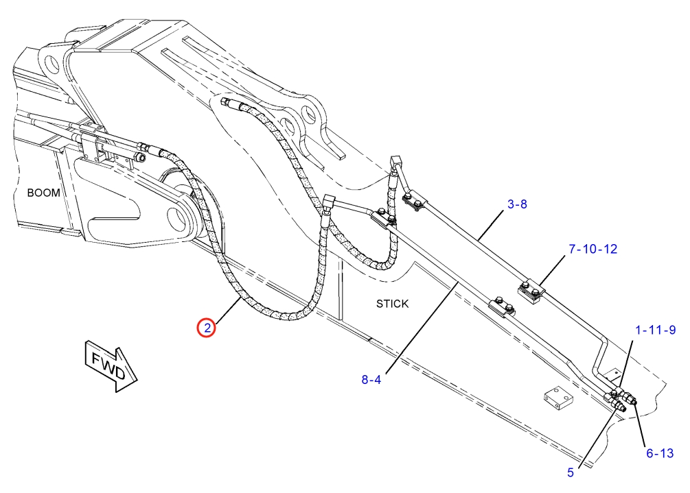 Caterpillar CAT®315F LCR installation diagram showing hydraulic hose 382-7079 at Pipe No. 2