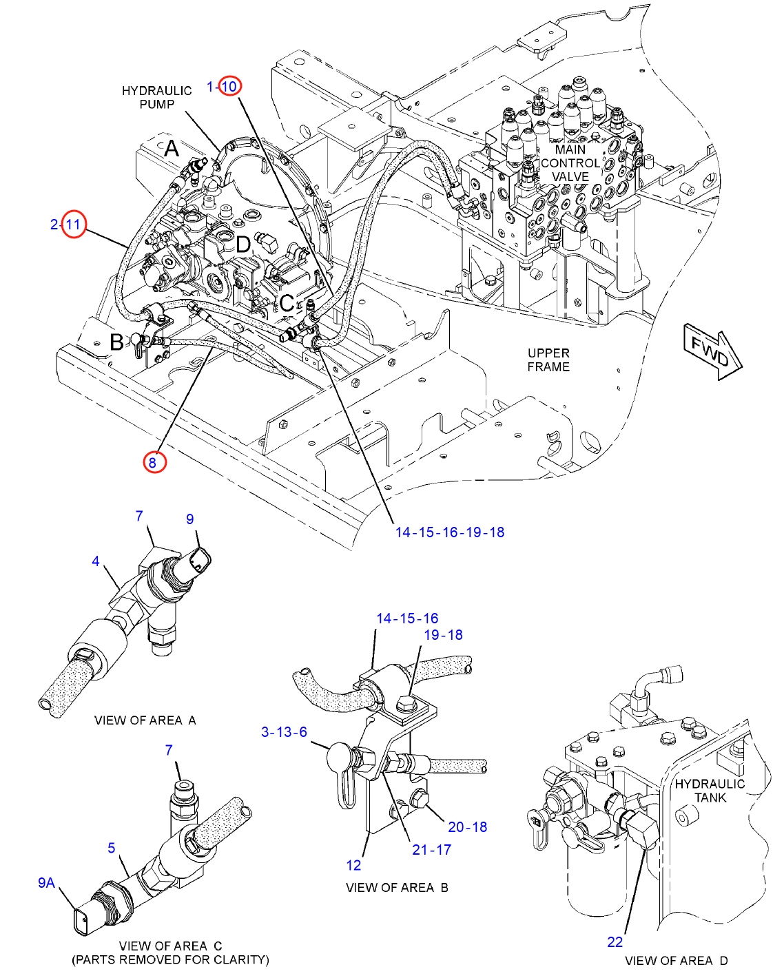 Caterpillar CAT®312E L installation diagram showing hydraulic hose 292-7176 at Pipe No. 8