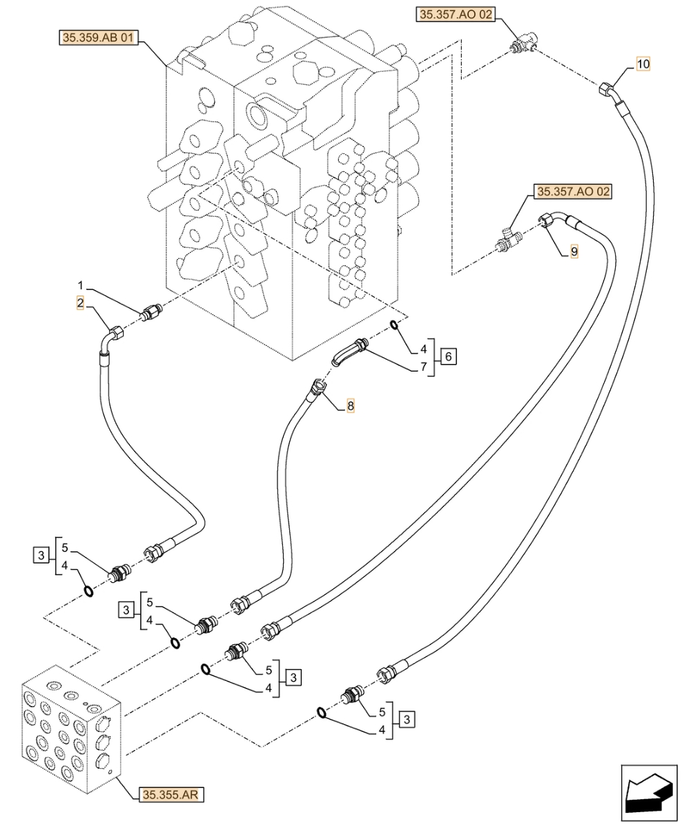 Case CX490D RTC installation diagram showing hydraulic hose KHJ11590 at Pipe No. 2