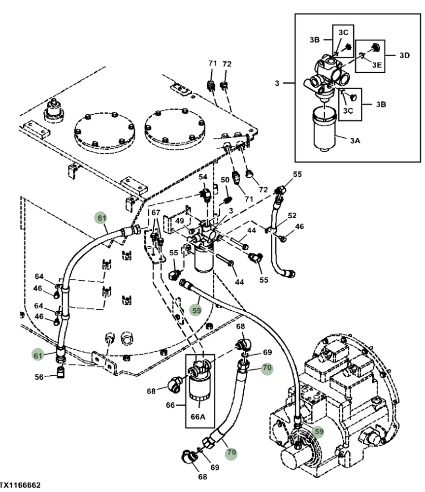 Hitachi ZX470LC-5G installation diagram showing hydraulic hose 4637841 at Pipe No. 70