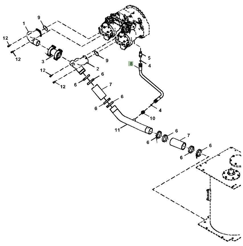 Hitachi ZX350LC-5A installation diagram showing hydraulic hose 4656788 at Pipe No. 8