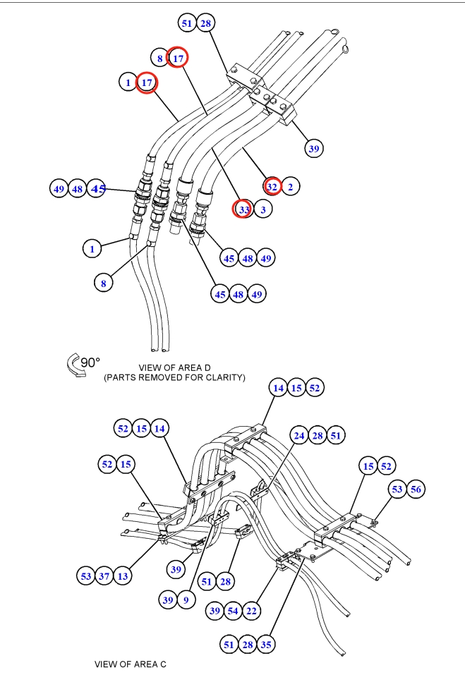Caterpillar CAT®M315F installation diagram showing hydraulic hose 466-1189 at Pipe No. 33