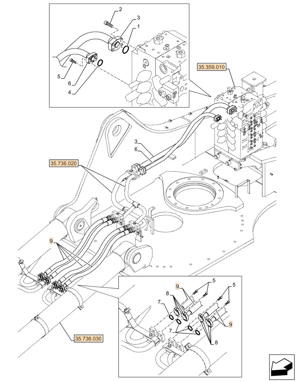 Case CX500D LC ME installation diagram showing hydraulic hose KTJ13470 at Pipe No. 9
