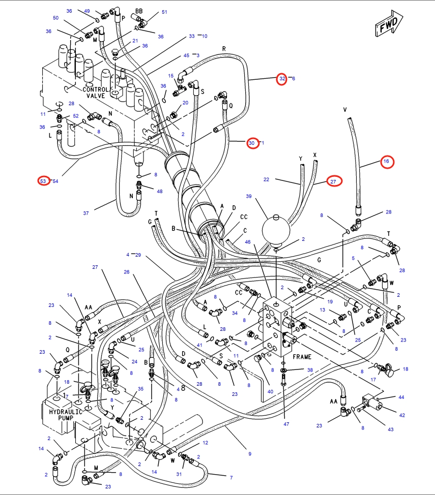 Caterpillar CAT®317-A installation diagram showing hydraulic hose 103-1348 at Pipe No. 53