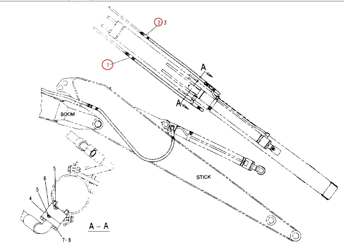 Caterpillar CAT®312B installation diagram showing hydraulic hose 123-2729 at Pipe No. 2