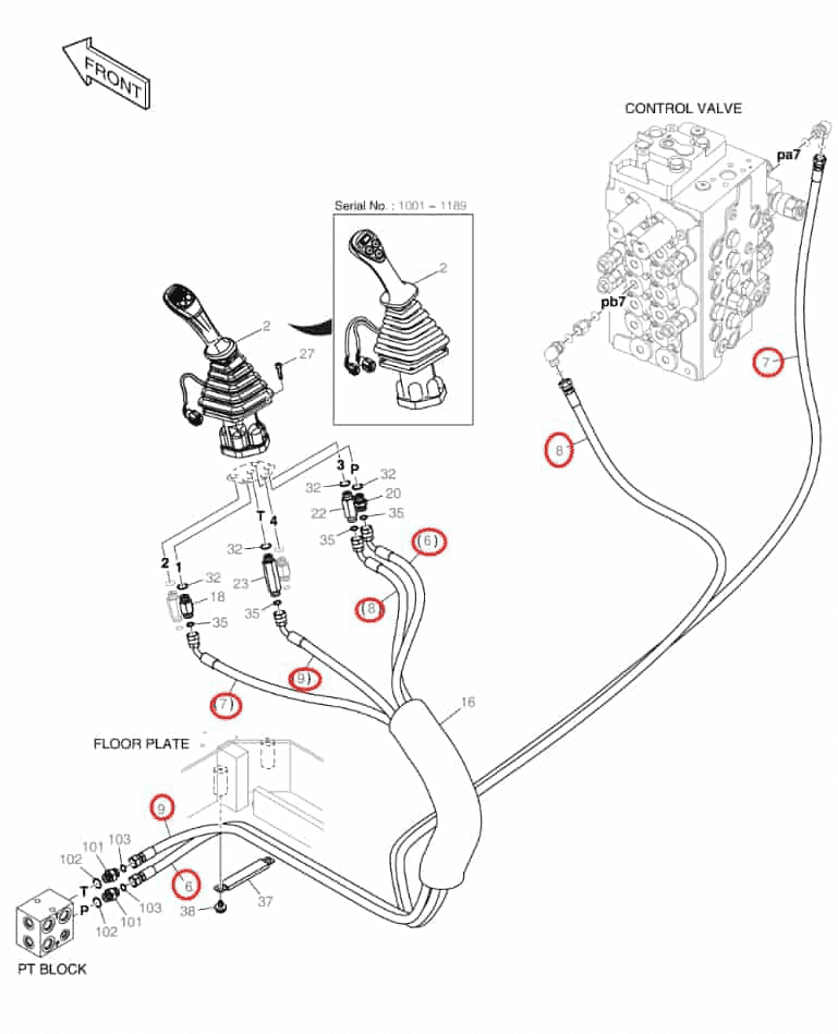 Doosan DX140LCR-5 installation diagram showing hydraulic hose DS2113043 at Pipe No. 9