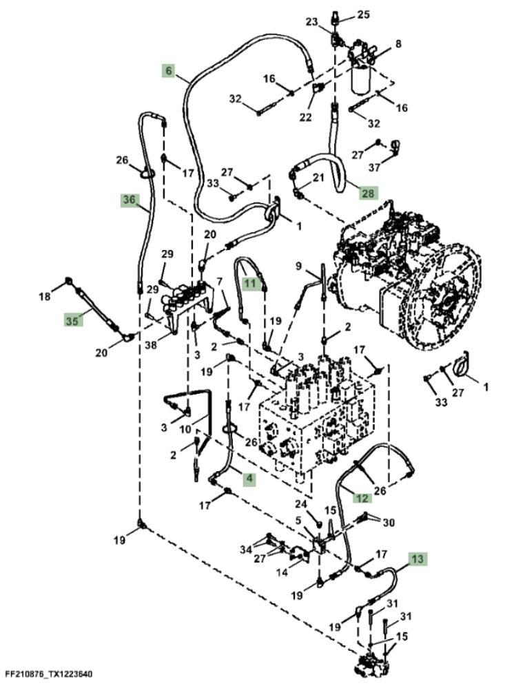Hitachi ZX370F-LL-6N installation diagram showing hydraulic hose 4269832 at Pipe No. 35