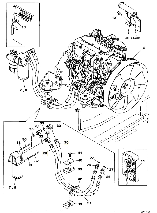 Case CX130B installation diagram showing hydraulic hose KLH10210 at Pipe No. 29