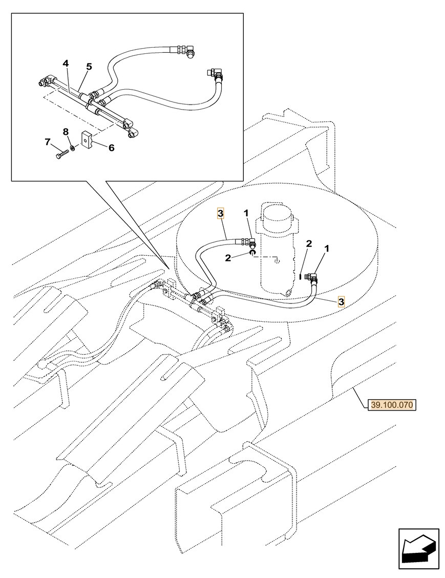 Case CX145C SR installation diagram showing hydraulic hose KAV0390 at Pipe No. 3