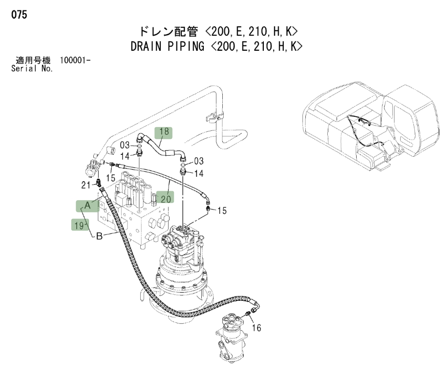 Hitachi ZX200LC installation diagram showing hydraulic hose 4429426 at Pipe No. 19A