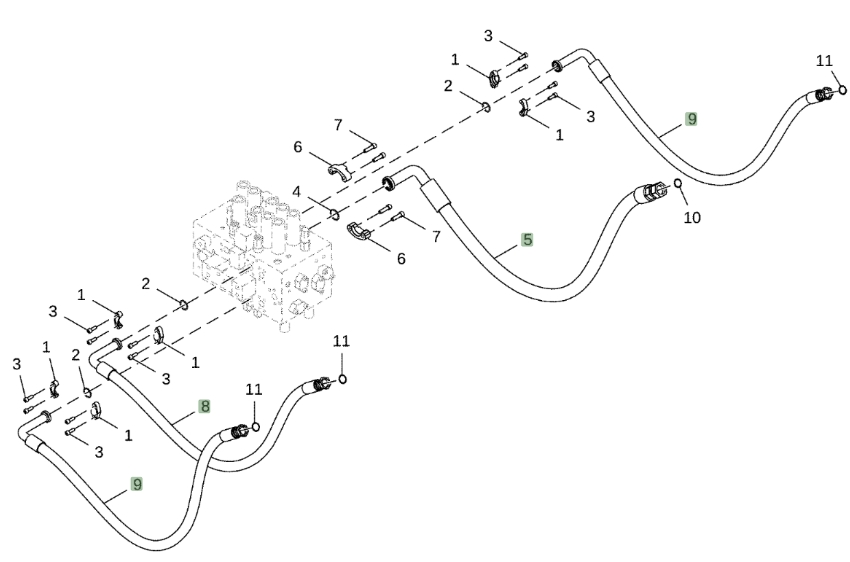 Hitachi ZX350LC-5G installation diagram showing hydraulic hose 9263974 at Pipe No. 9