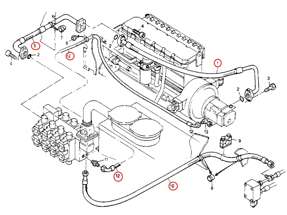 Caterpillar CAT®214B installation diagram showing hydraulic hose 8U-1059 at Pipe No. 10