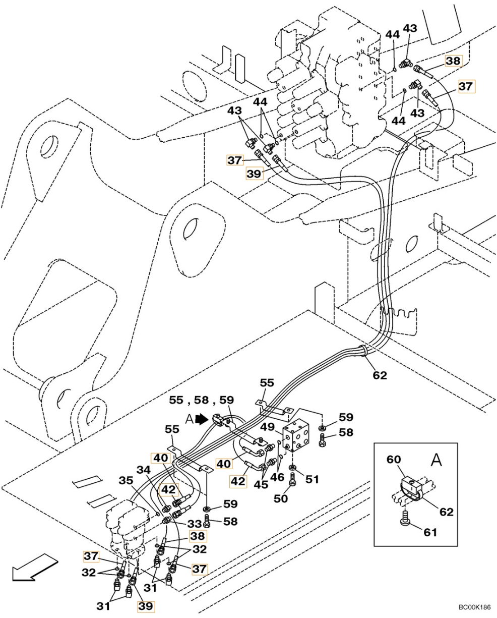 Case CX210LR installation diagram showing hydraulic hose 152299A1 at Pipe No. 38