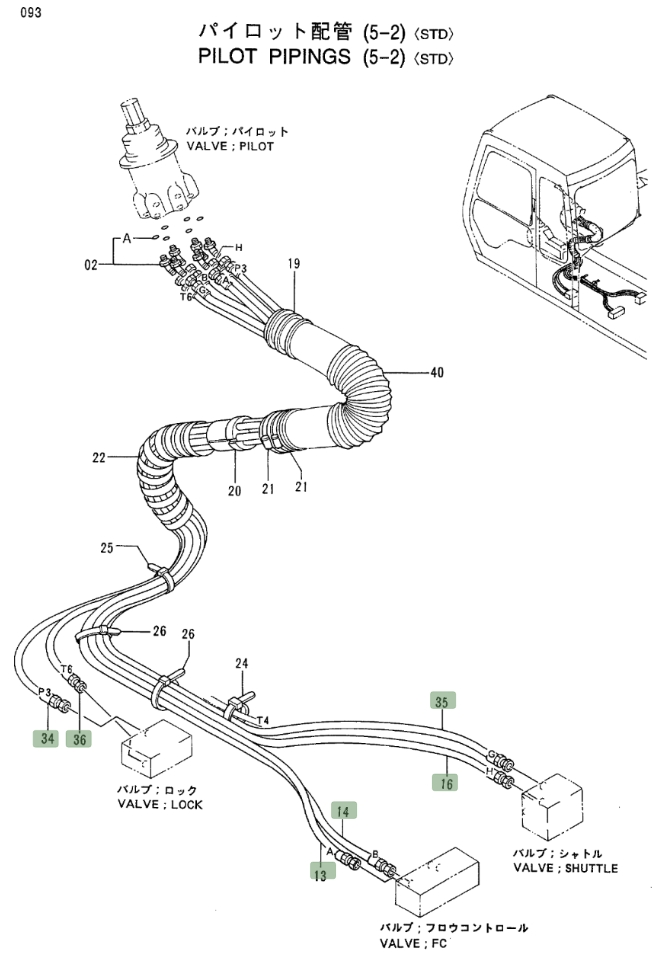 Hitachi EX200LC-3 installation diagram showing hydraulic hose 4287527 at Pipe No. 34
