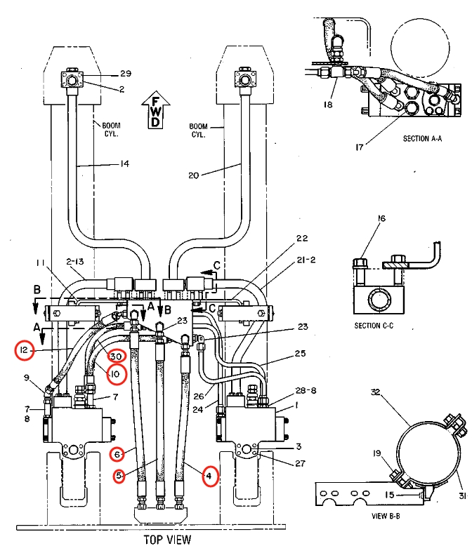 Caterpillar CAT®215D installation diagram showing hydraulic hose 7V-7377 at Pipe No. 30