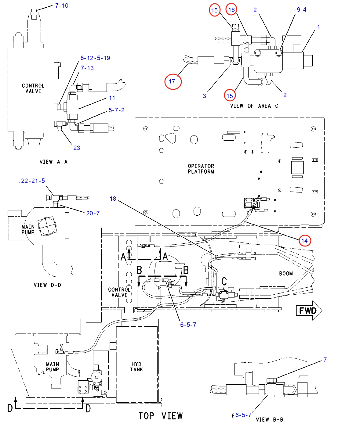 Caterpillar CAT®312B L installation diagram showing hydraulic hose 9C-8614 at Pipe No. 16