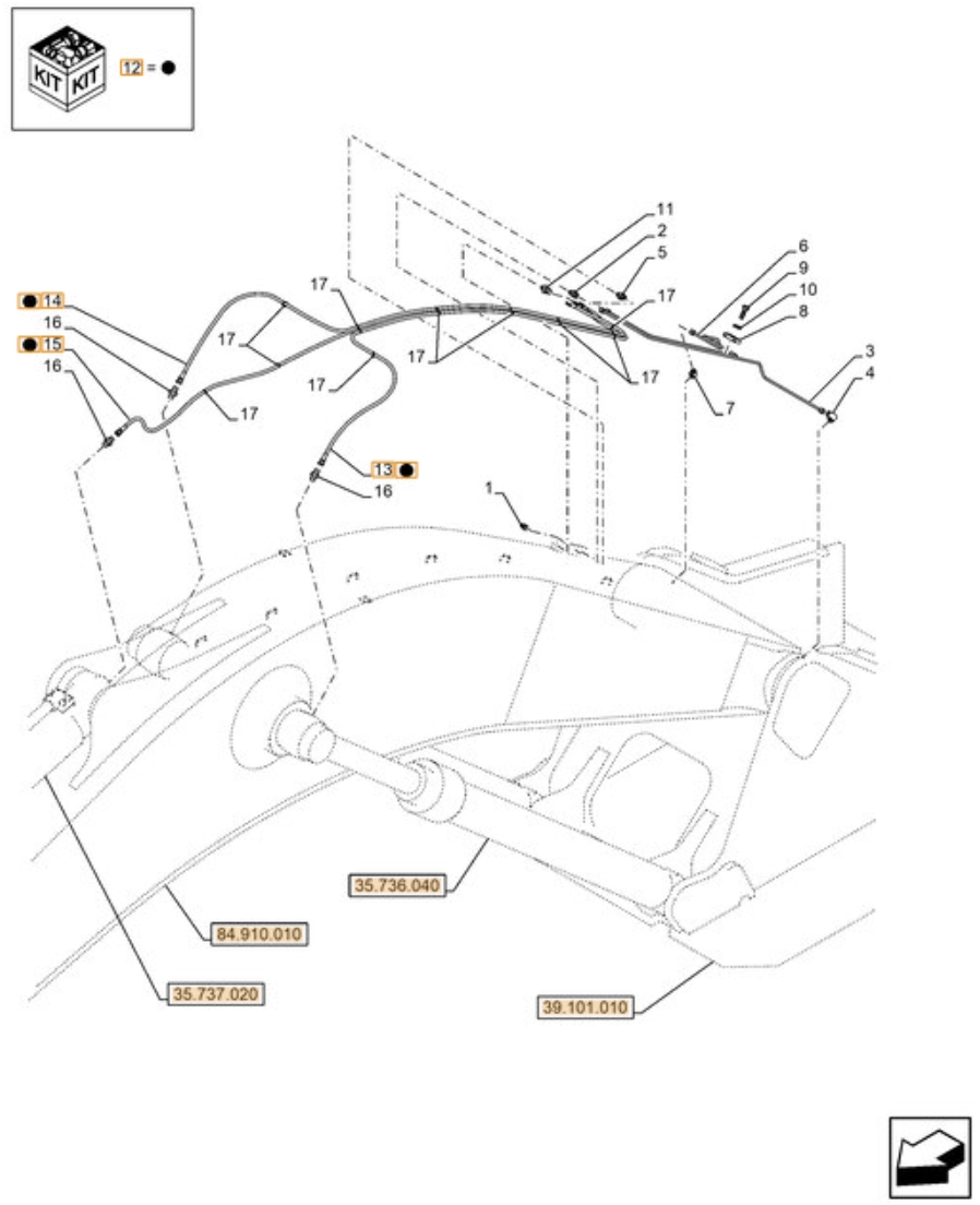 Case CX380D LC installation diagram showing hydraulic hose KHJ2174 at Pipe No. 14