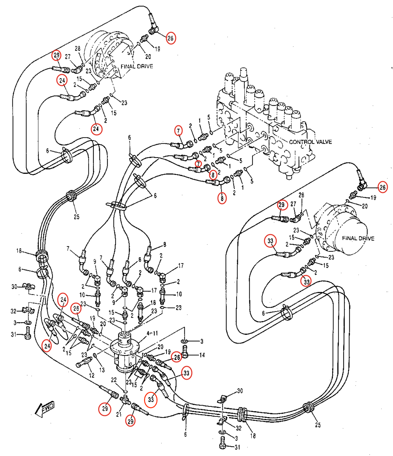 Caterpillar CAT®315B installation diagram showing hydraulic hose 135-1147 at Pipe No. 29