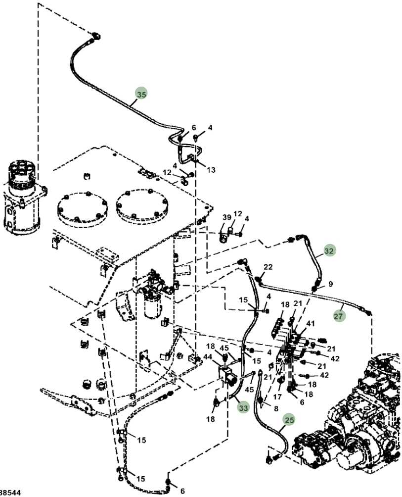 Hitachi ZX470LC-5B installation diagram showing hydraulic hose 4713477 at Pipe No. 32