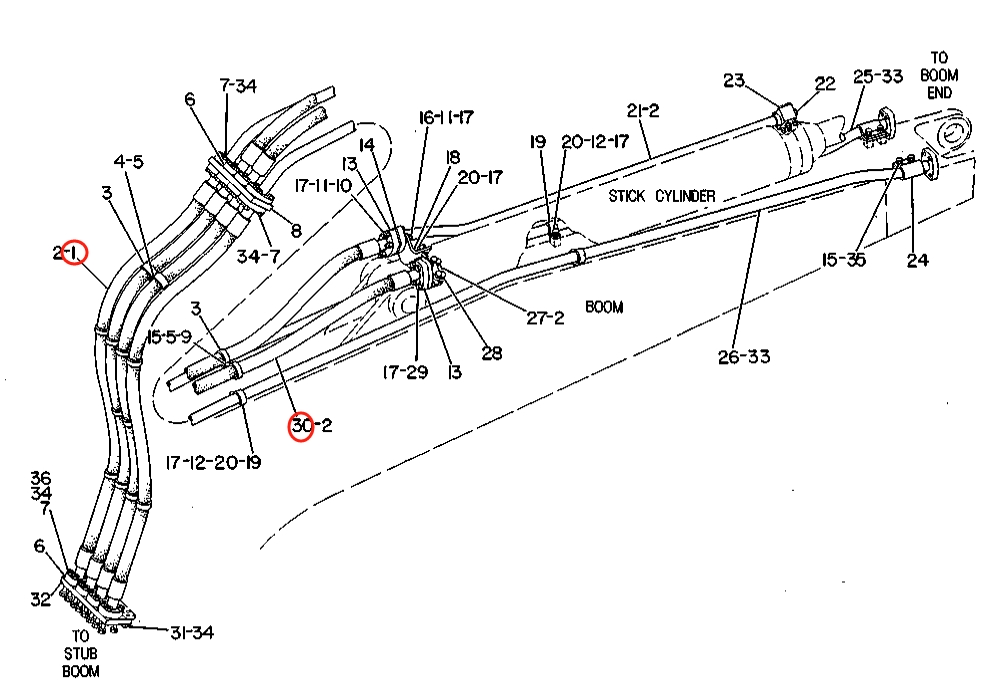 Caterpillar CAT®225B installation diagram showing hydraulic hose 8K-2653 at Pipe No. 1