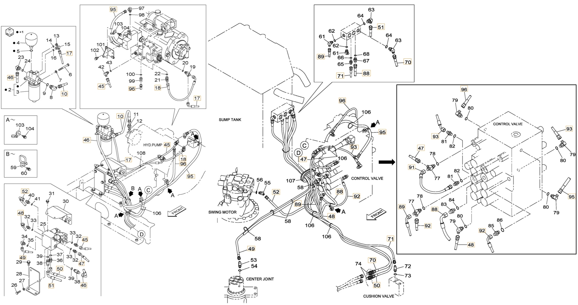 Case CX300B installation diagram showing hydraulic hose KHJ11580 at Pipe No. 51