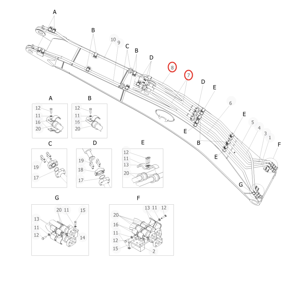 Sunward SWE500ES installation diagram showing hydraulic hose 730502007727 at Pipe No. 8
