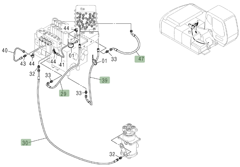Hitachi ZX200LC installation diagram showing hydraulic hose 4427113 at Pipe No. 30