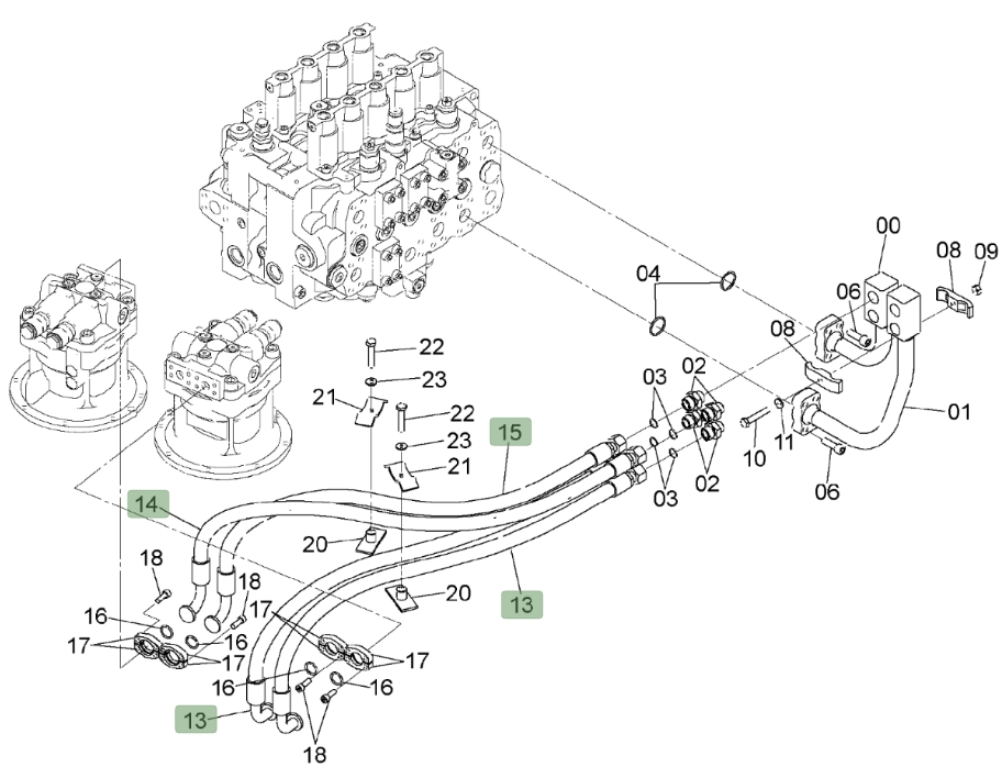 Hitachi ZX450LC-3 installation diagram showing hydraulic hose 4425891 at Pipe No. 15