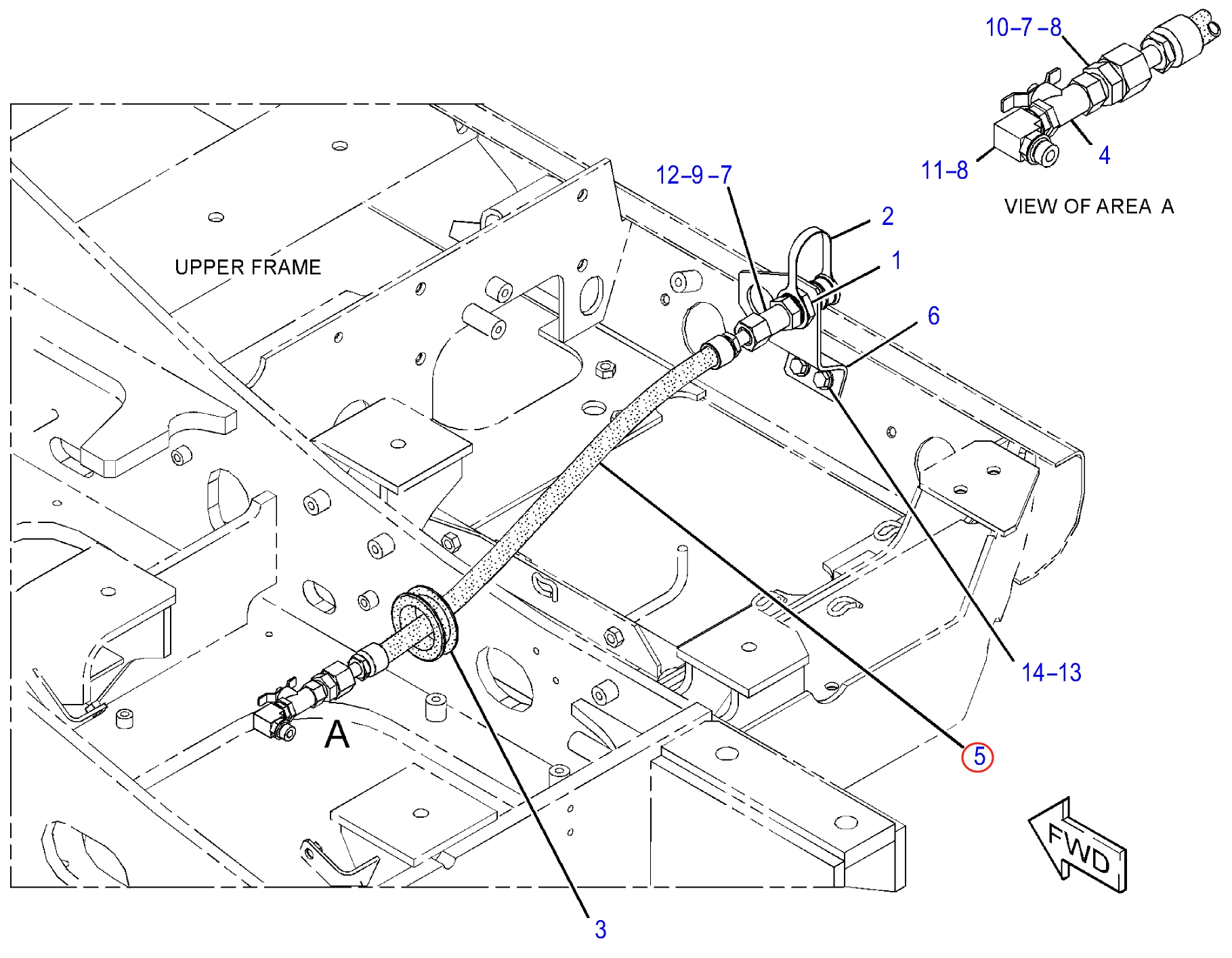 Caterpillar CAT®312E L installation diagram showing hydraulic hose 351-3943 at Pipe No. 5