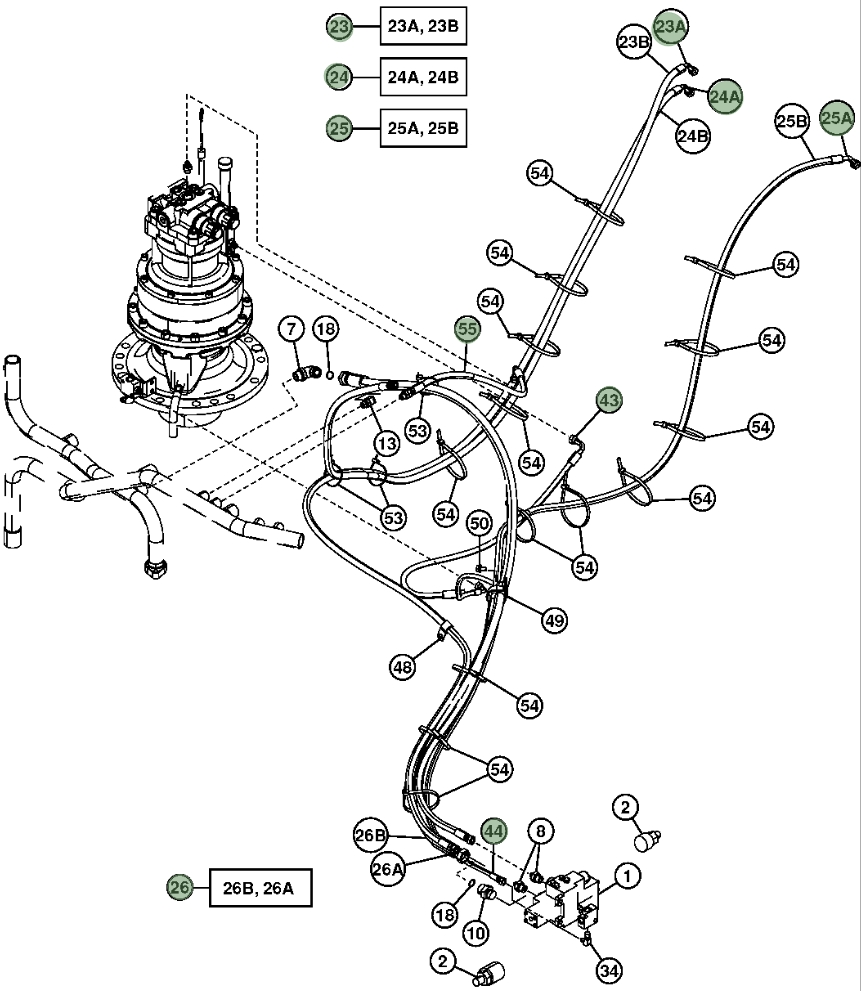 Hitachi ZX200LC-3 installation diagram showing hydraulic hose 9190867 at Pipe No. 43
