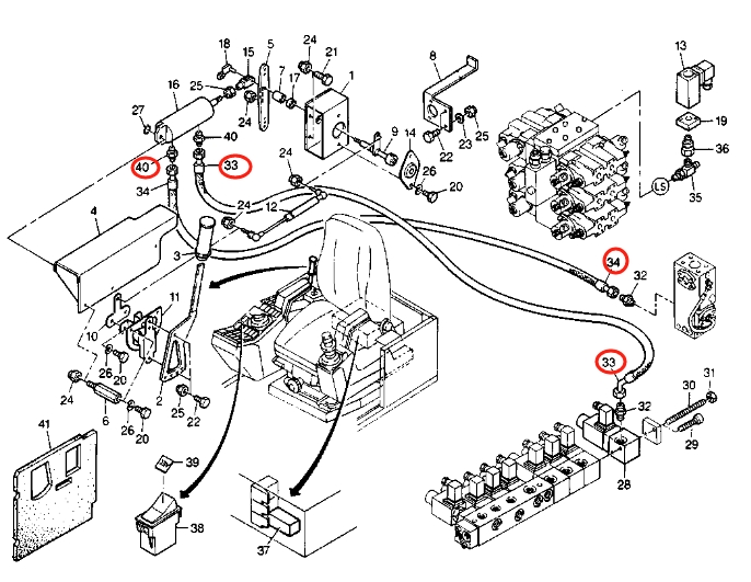 Caterpillar CAT®212B installation diagram showing hydraulic hose 8U-7090 at Pipe No. 34