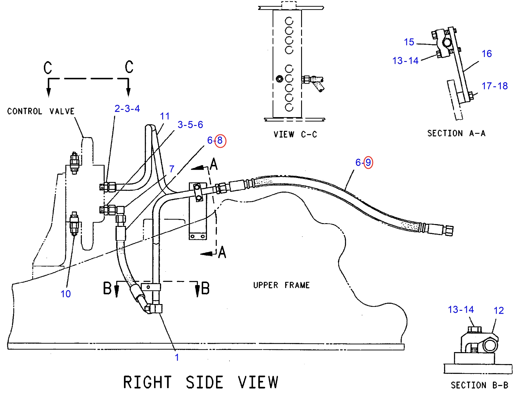 Caterpillar CAT®312-A installation diagram showing hydraulic hose 7I-7383 at Pipe No. 9