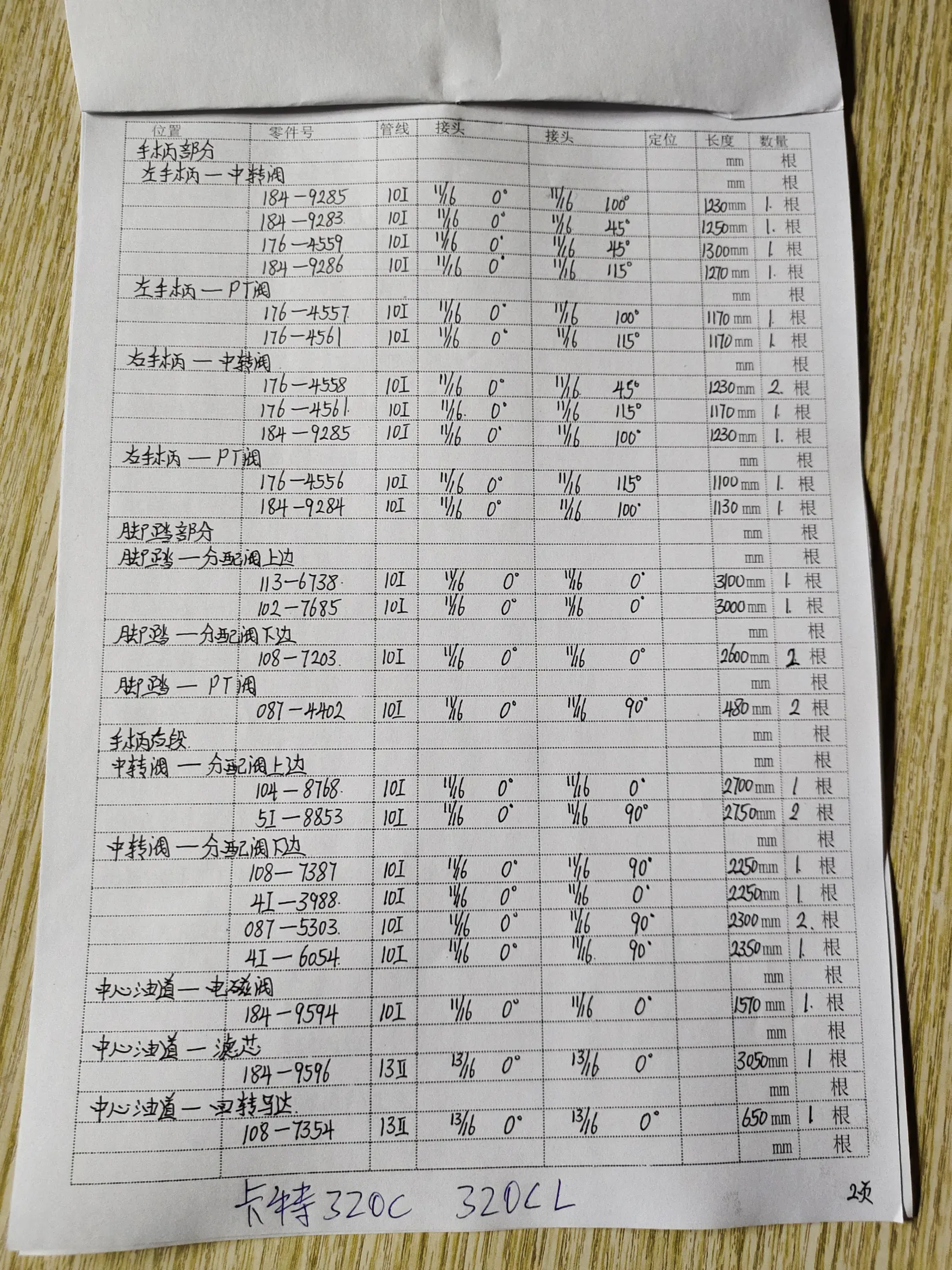 Caterpillar 320C hydraulic hose part numbers and recorded lengths — technician notebook page 2 of 5 — recorded hose parts 184-920S
