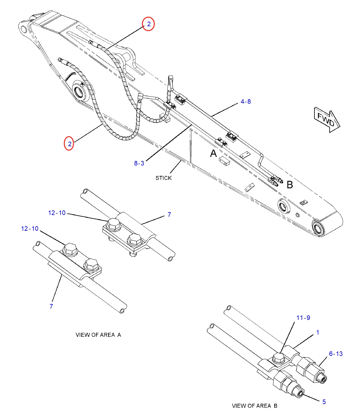 Caterpillar CAT®312D installation diagram showing hydraulic hose 277-1251 at Pipe No. 2