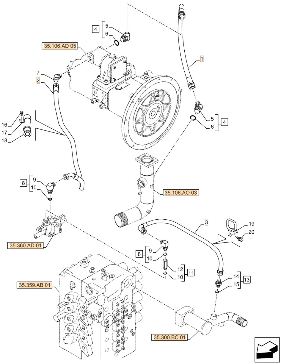 Case CX500D LC installation diagram showing hydraulic hose KSJ12940 at Pipe No. 1