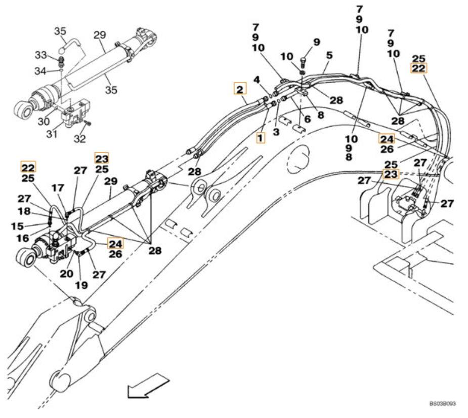 Case CX240 installation diagram showing hydraulic hose KRV2405 at Pipe No. 1