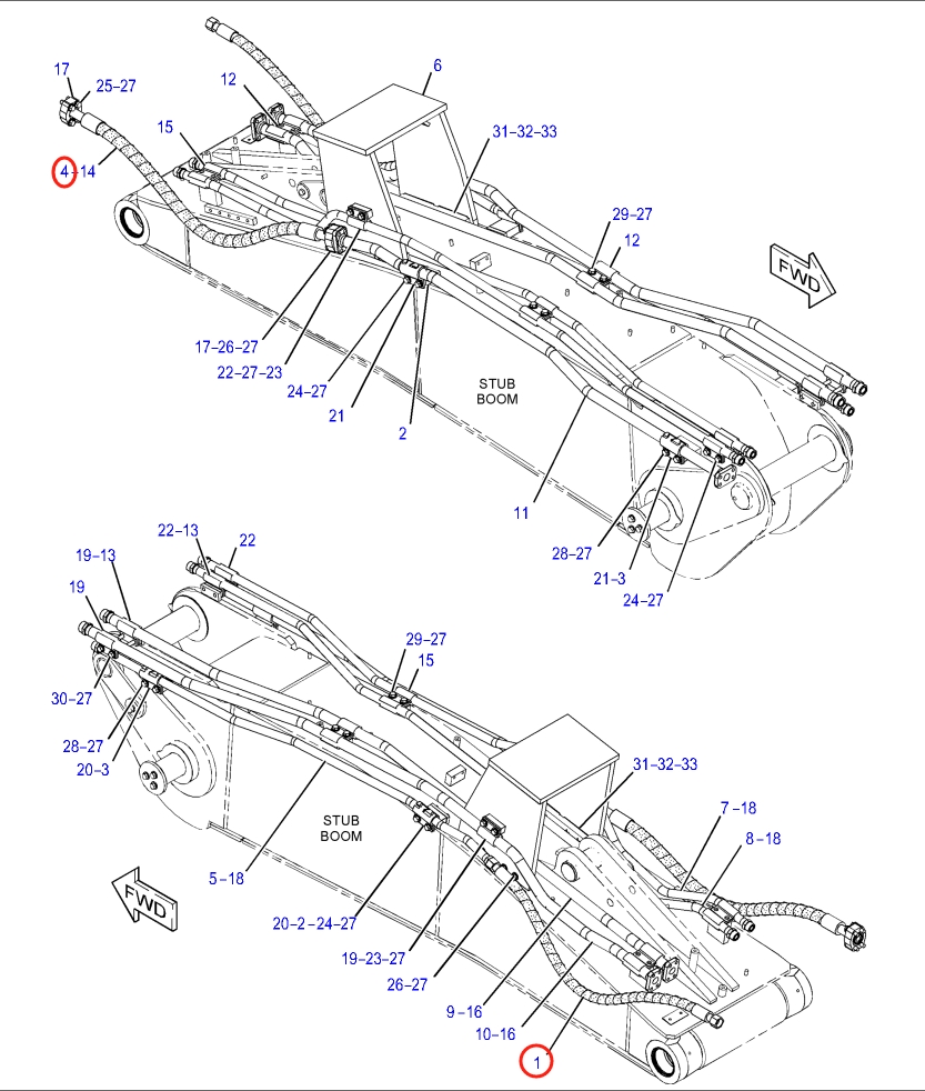 Caterpillar CAT®316F installation diagram showing hydraulic hose 197-2299 at Pipe No. 1